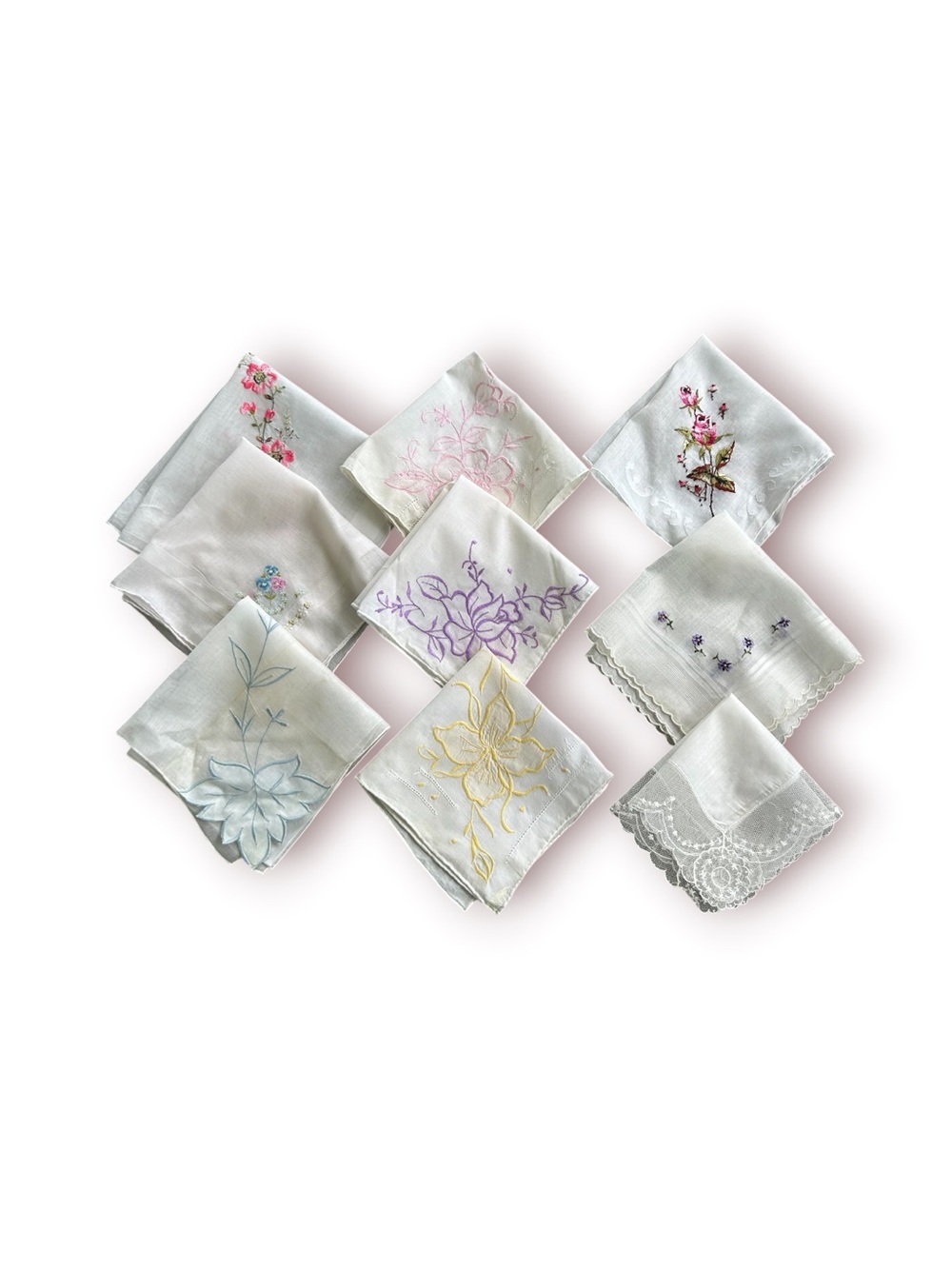 VTG Embroidered Floral Handkerchief Lot of 9 MCM Square Some New Some Marked